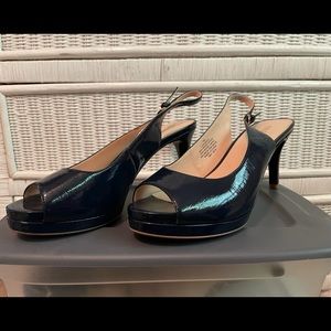 Navy Patent Leather Open-Toed Heels